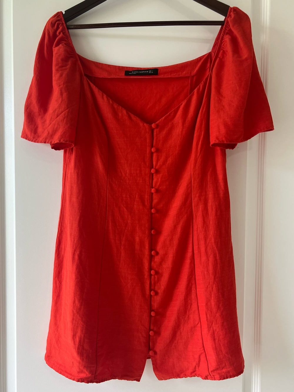 Zara Red Linen Button Mini Dress Sweetheart Neck Short Sleeve Puff Womens Large - Picture 2 of 7